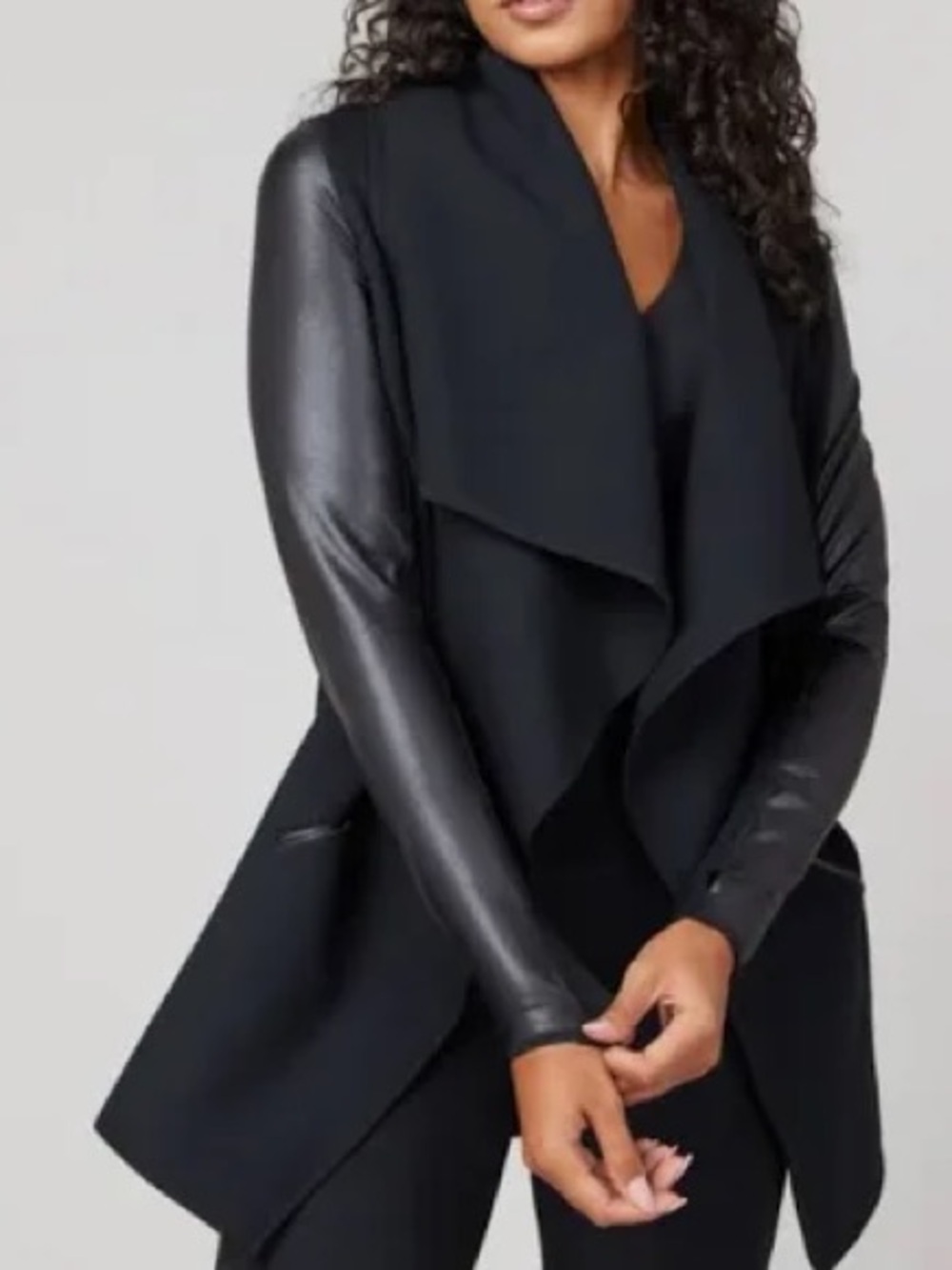 Spanx Ponte Vegan Leather Sleeve Drape Front Jacket
